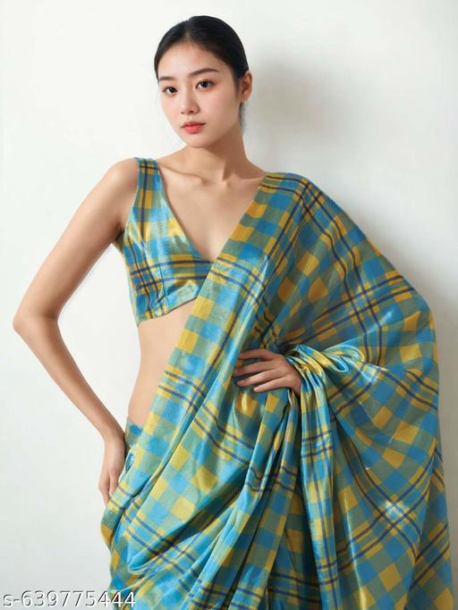 Satin Checkered Saree - Ready to Wear