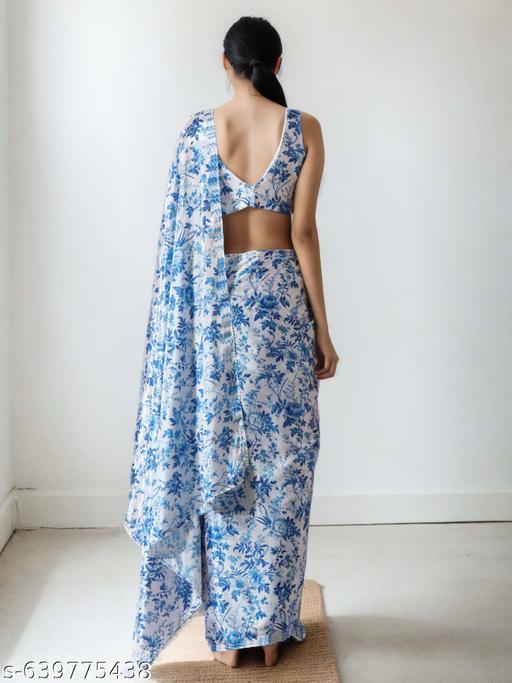Satin Blue Floral Leafy Saree - Ready to Wear Saree