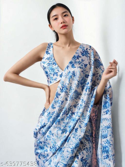 Satin Blue Floral Leafy Saree - Ready to Wear Saree