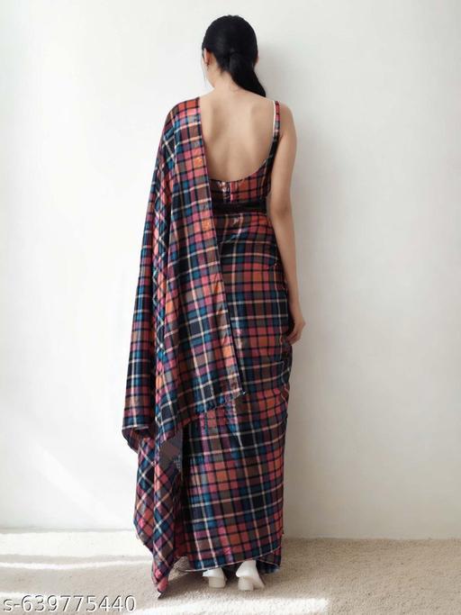 Dark Checkered Satin Saree - Ready to Wear Saree