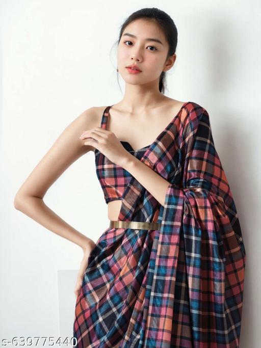 Dark Checkered Satin Saree - Ready to Wear Saree