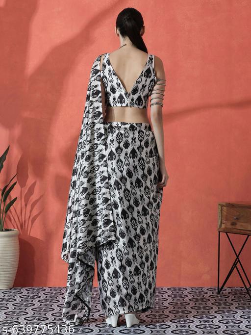 Satin Black Cards Print Saree - Ready to Wear Saree