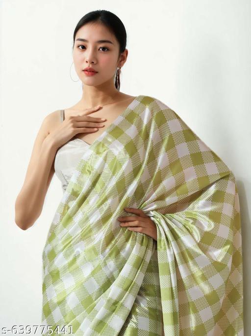 Light Green Satin Checked Saree - Ready to Wear Saree