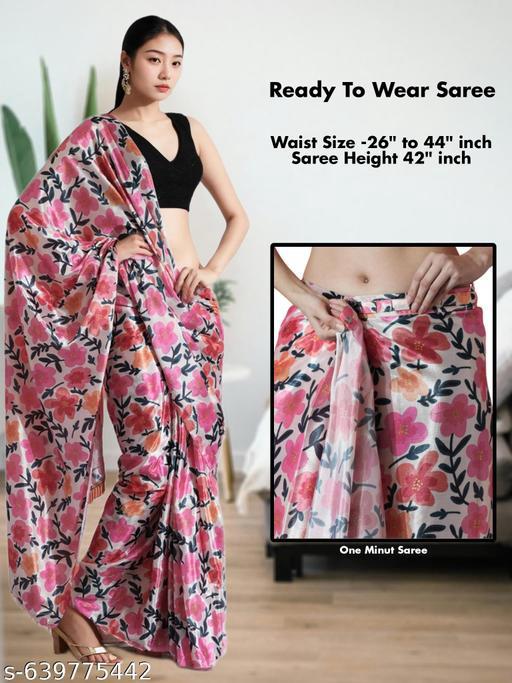 Pink Floral Satin Saree - Ready to Wear Saree