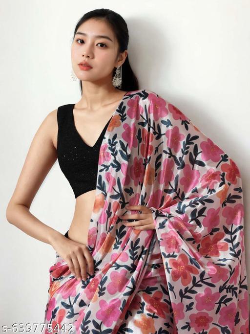 Pink Floral Satin Saree - Ready to Wear Saree
