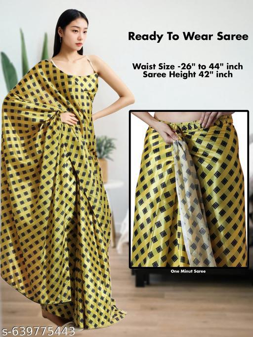 Yellow Satin Square Print - Ready to Wear Saree
