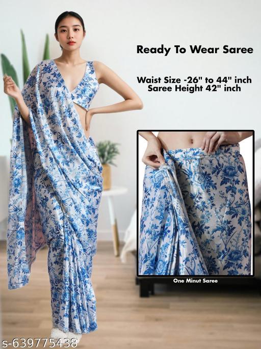 Satin Blue Floral Leafy Saree - Ready to Wear Saree