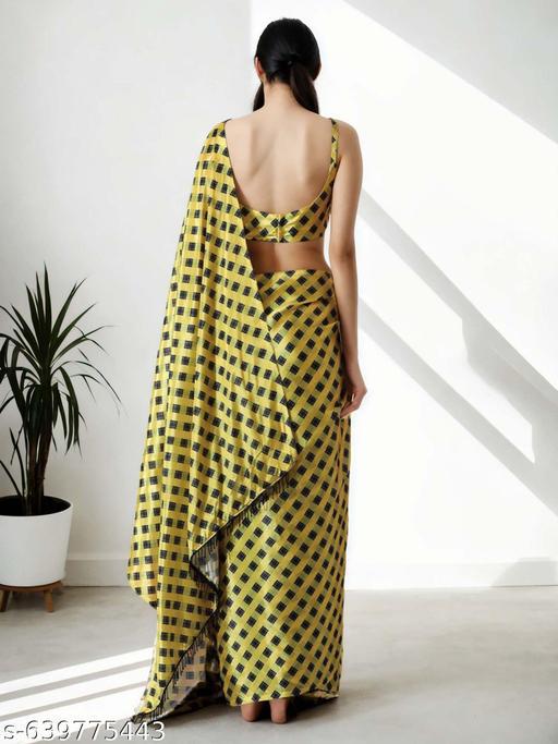 Yellow Satin Square Print - Ready to Wear Saree