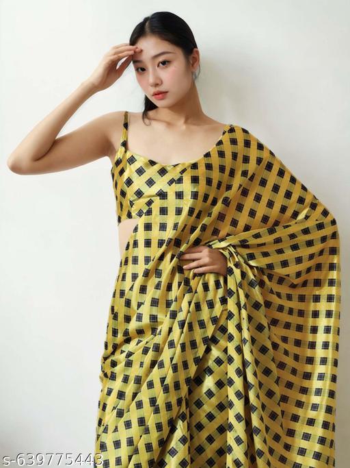 Yellow Satin Square Print - Ready to Wear Saree