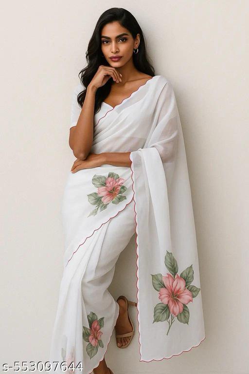 Georgette Floral White Saree