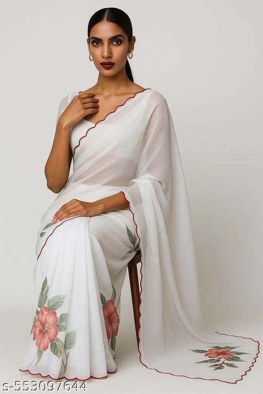 Georgette Floral White Saree