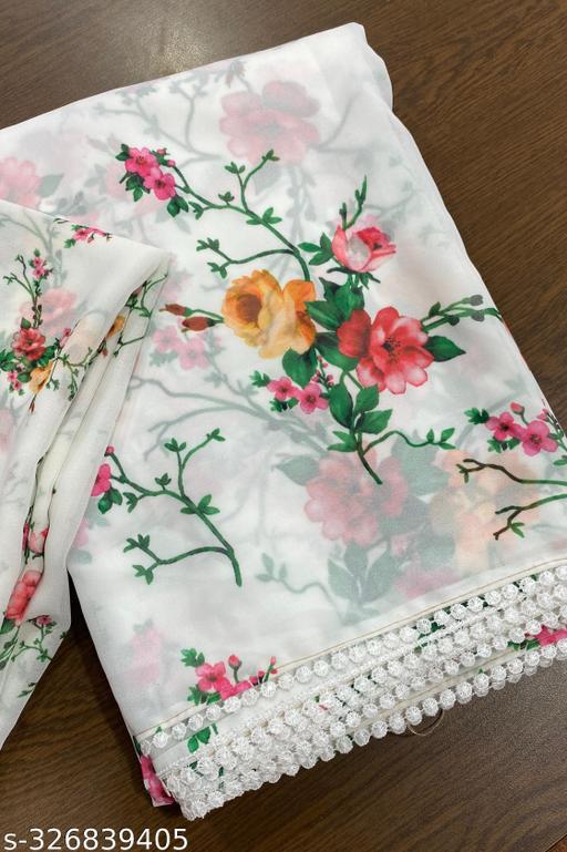 White Floral Print Saree