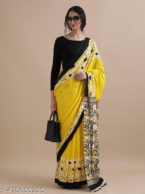 Yellow Hand Block Dabu Printed Cotton Mulmul Saree