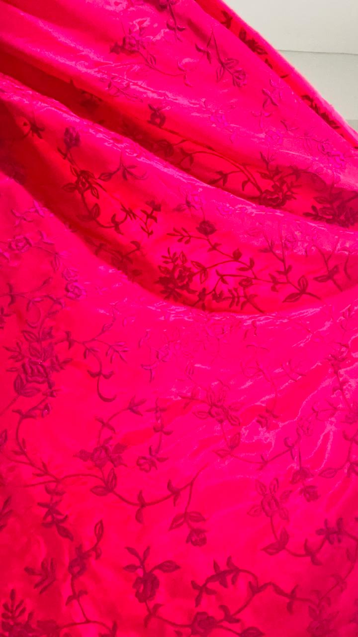 Slik Self Work Rani pink Saree