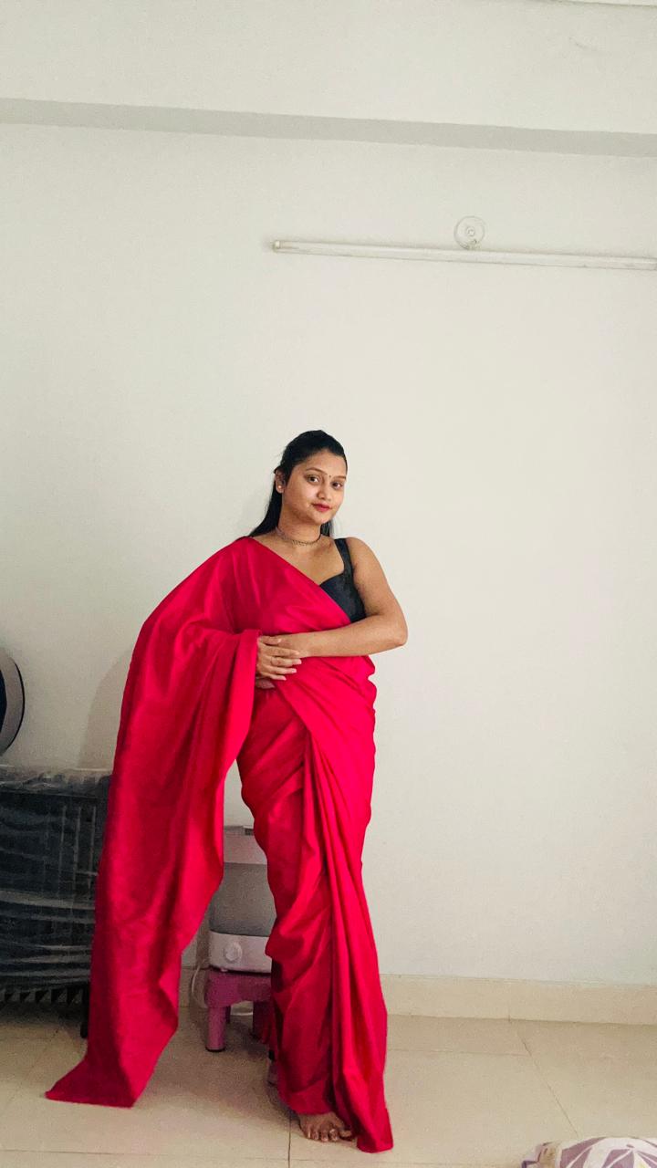 Slik Self Work Rani pink Saree