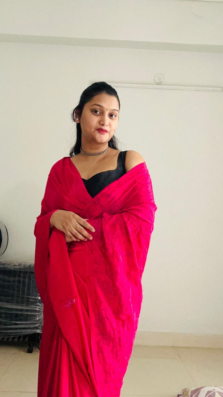 Slik Self Work Rani pink Saree