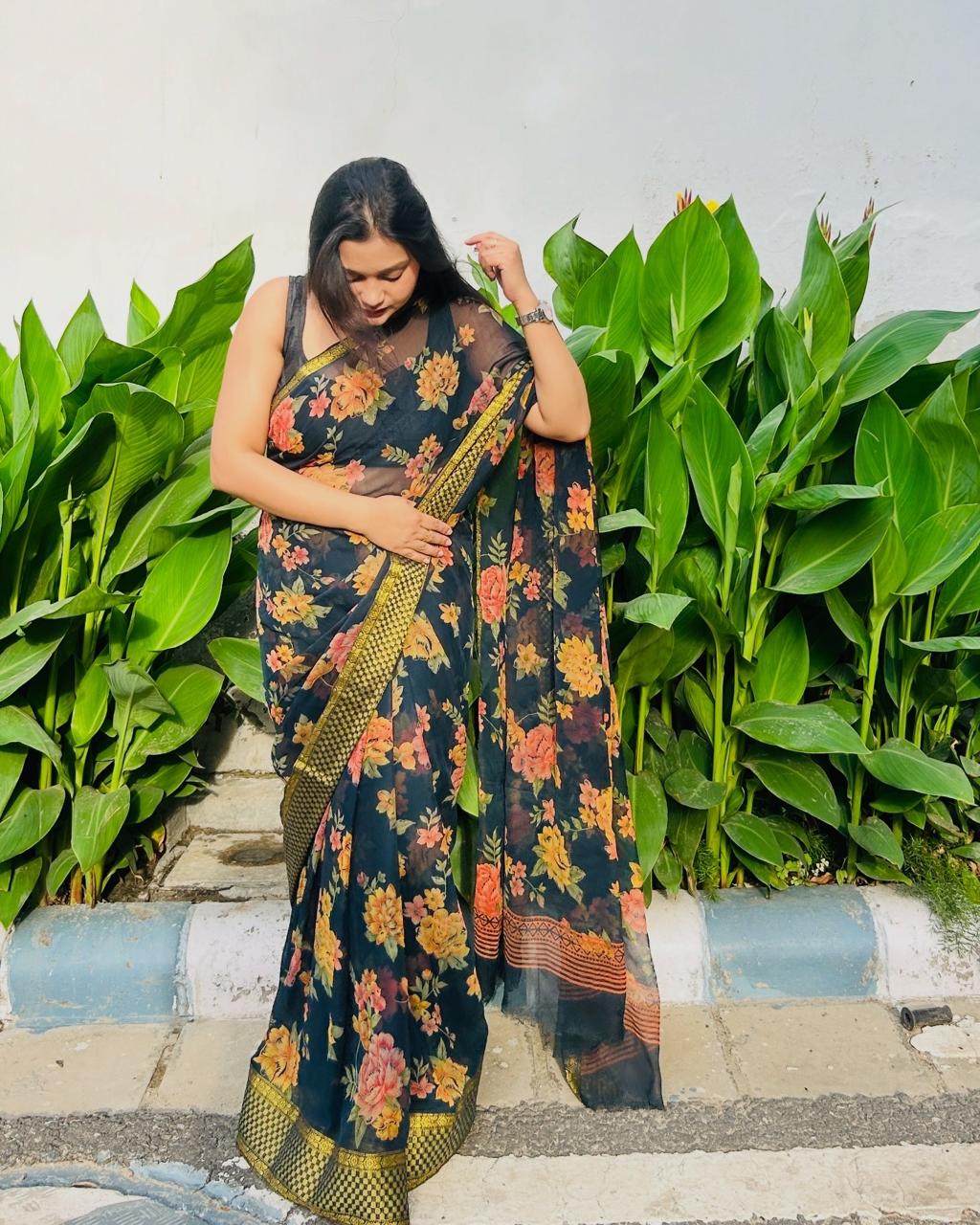 Black Floral Saree