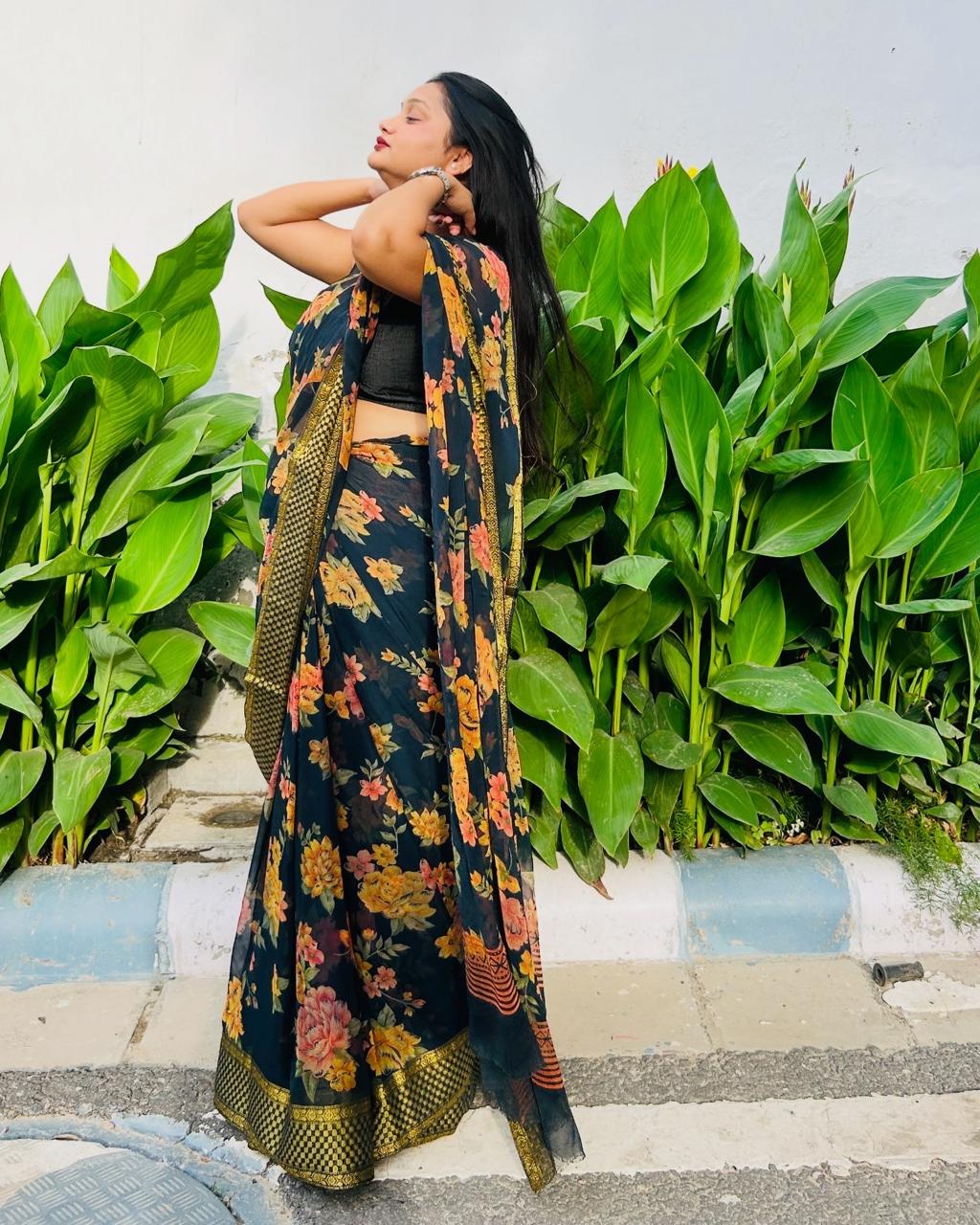 Black Floral Saree