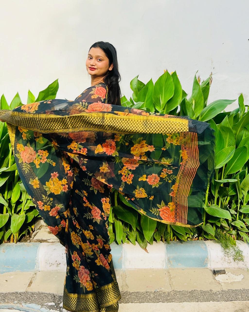 Black Floral Saree