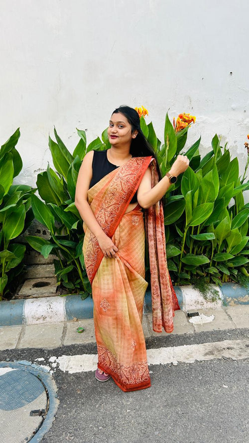 Brown Checkered Saree