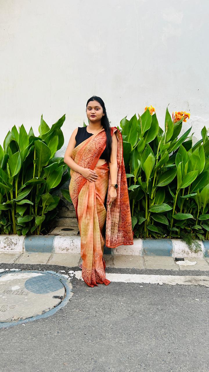 Brown Checkered Saree