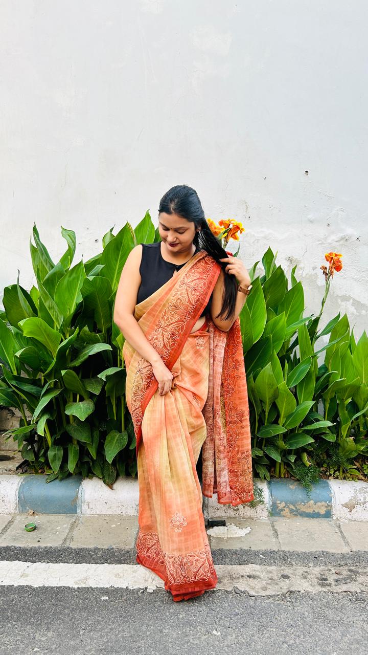 Brown Checkered Saree