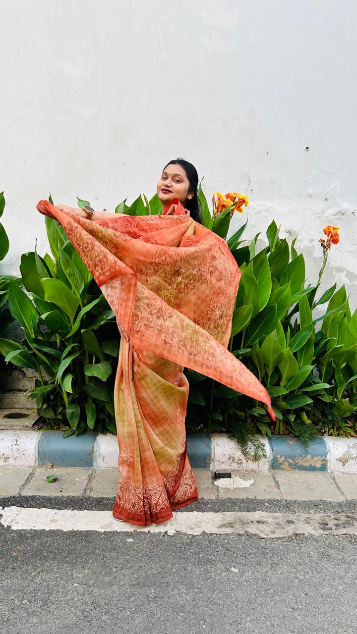 Brown Checkered Saree
