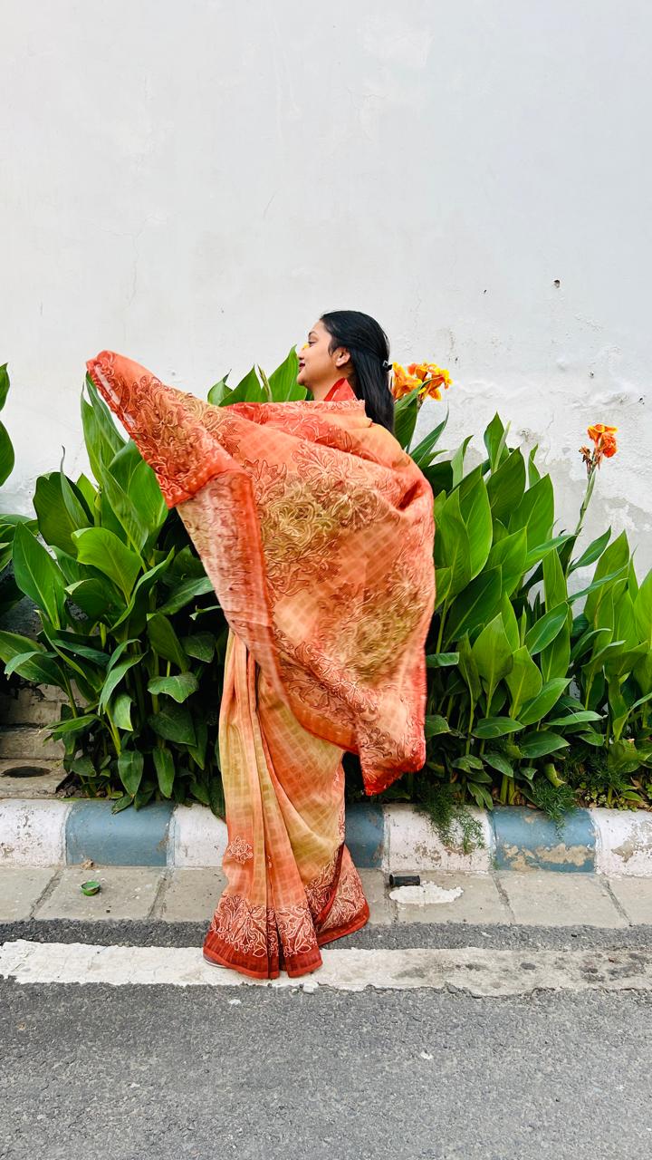 Brown Checkered Saree