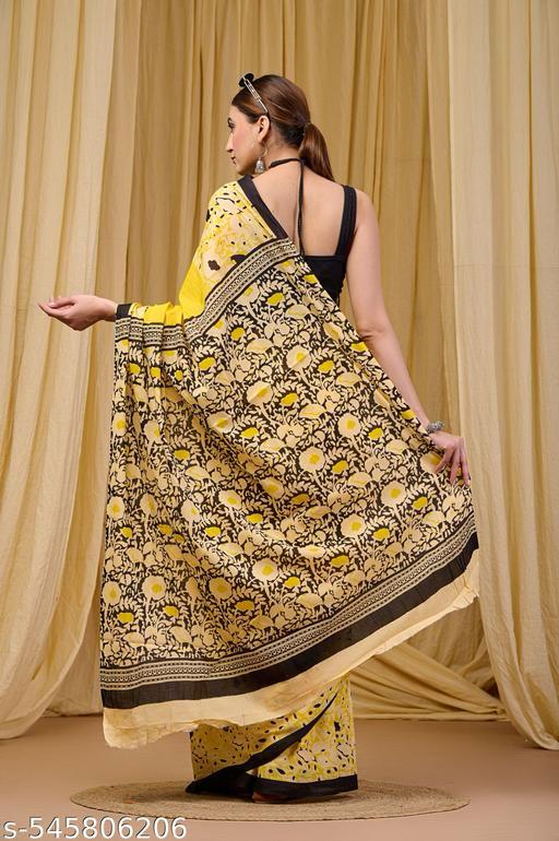Yellow Hand Block Dabu Printed Cotton Mulmul Saree